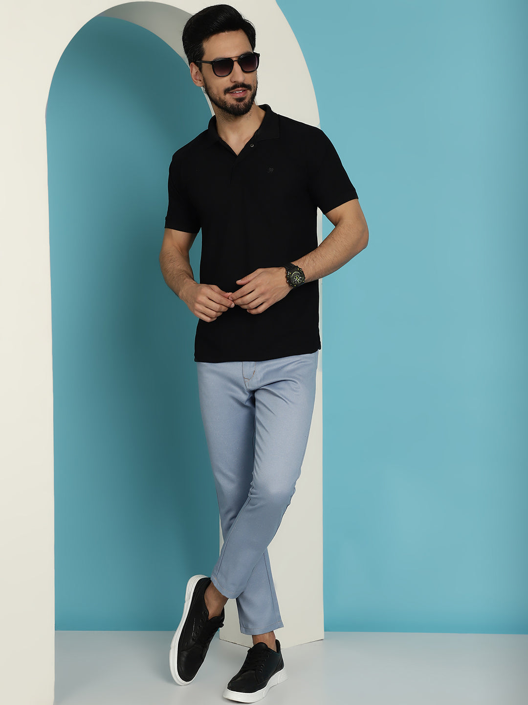 Indian Needle Men's Blue Solid Cotton Casual Trouser - Blue | Swadesiicart