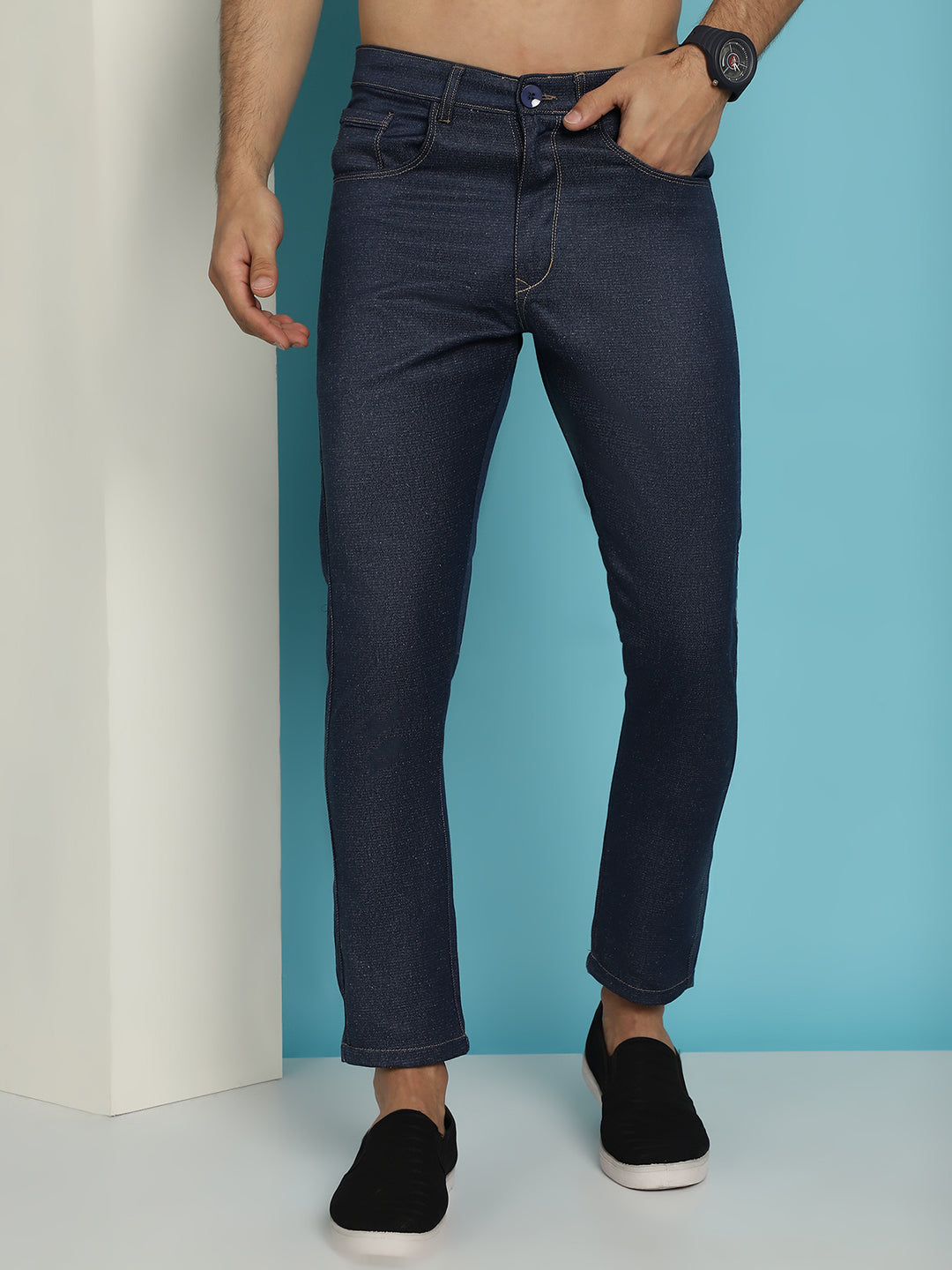 Indian Needle Men's Navy Blue Solid Cotton Casual Trouser | Swadesiicart