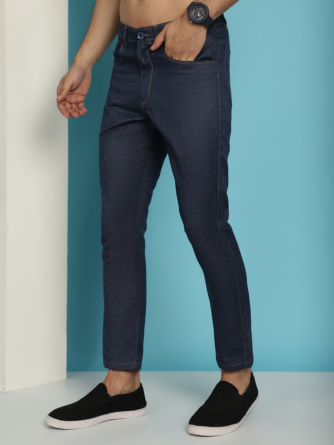 Indian Needle Men's Navy Blue Solid Cotton Casual Trouser | Swadesiicart