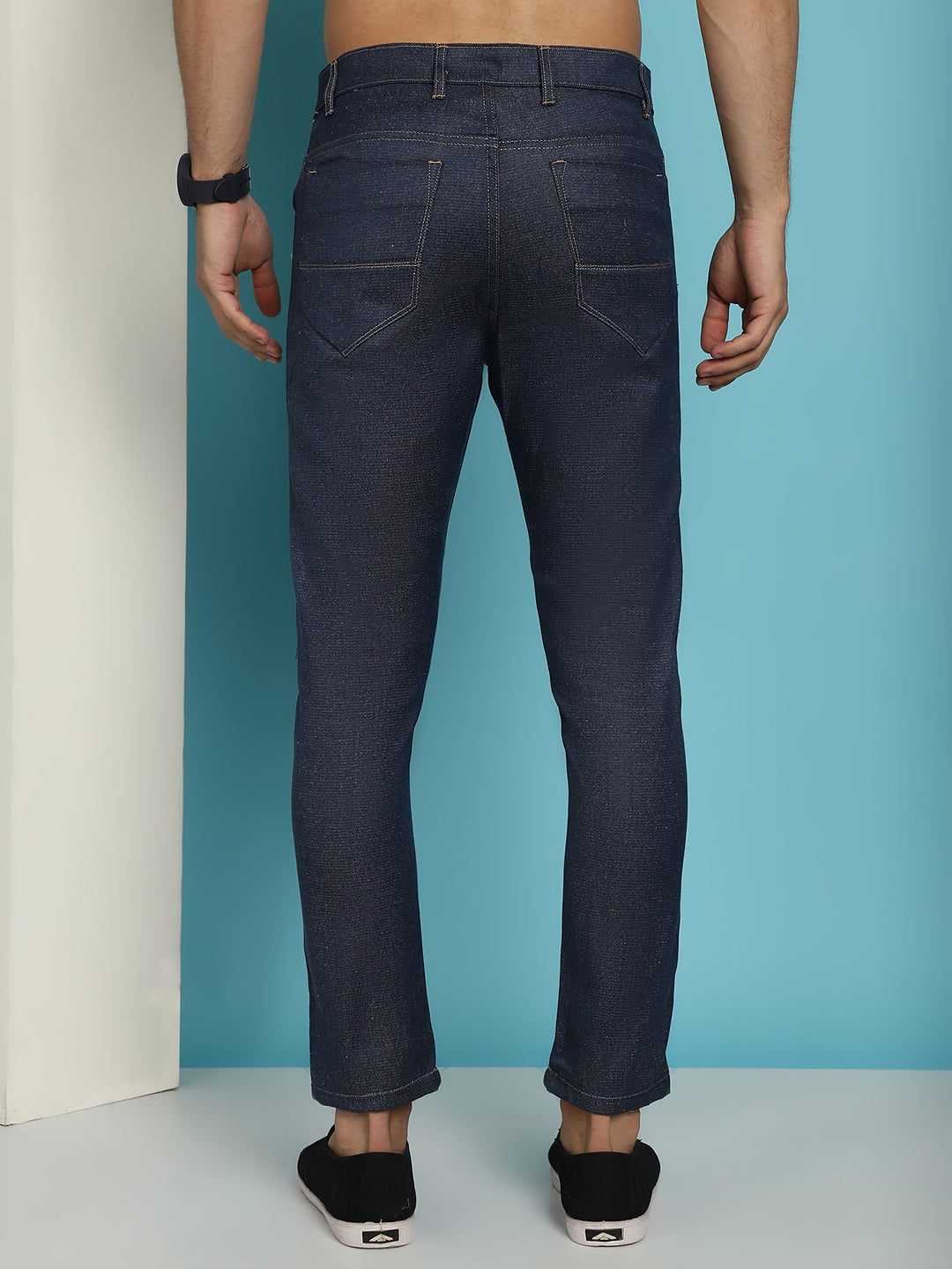 Indian Needle Men's Navy Blue Solid Cotton Casual Trouser | Swadesiicart