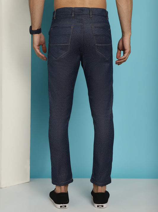 Indian Needle Men's Navy Blue Solid Cotton Casual Trouser | Swadesiicart