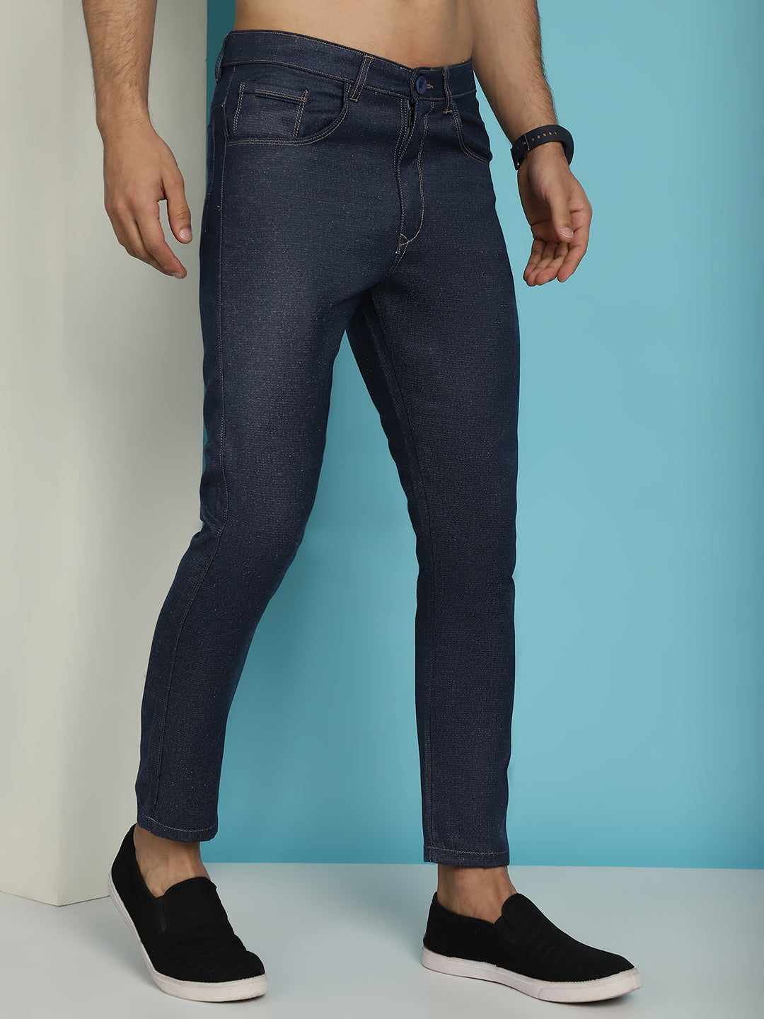 Indian Needle Men's Navy Blue Solid Cotton Casual Trouser | Swadesiicart