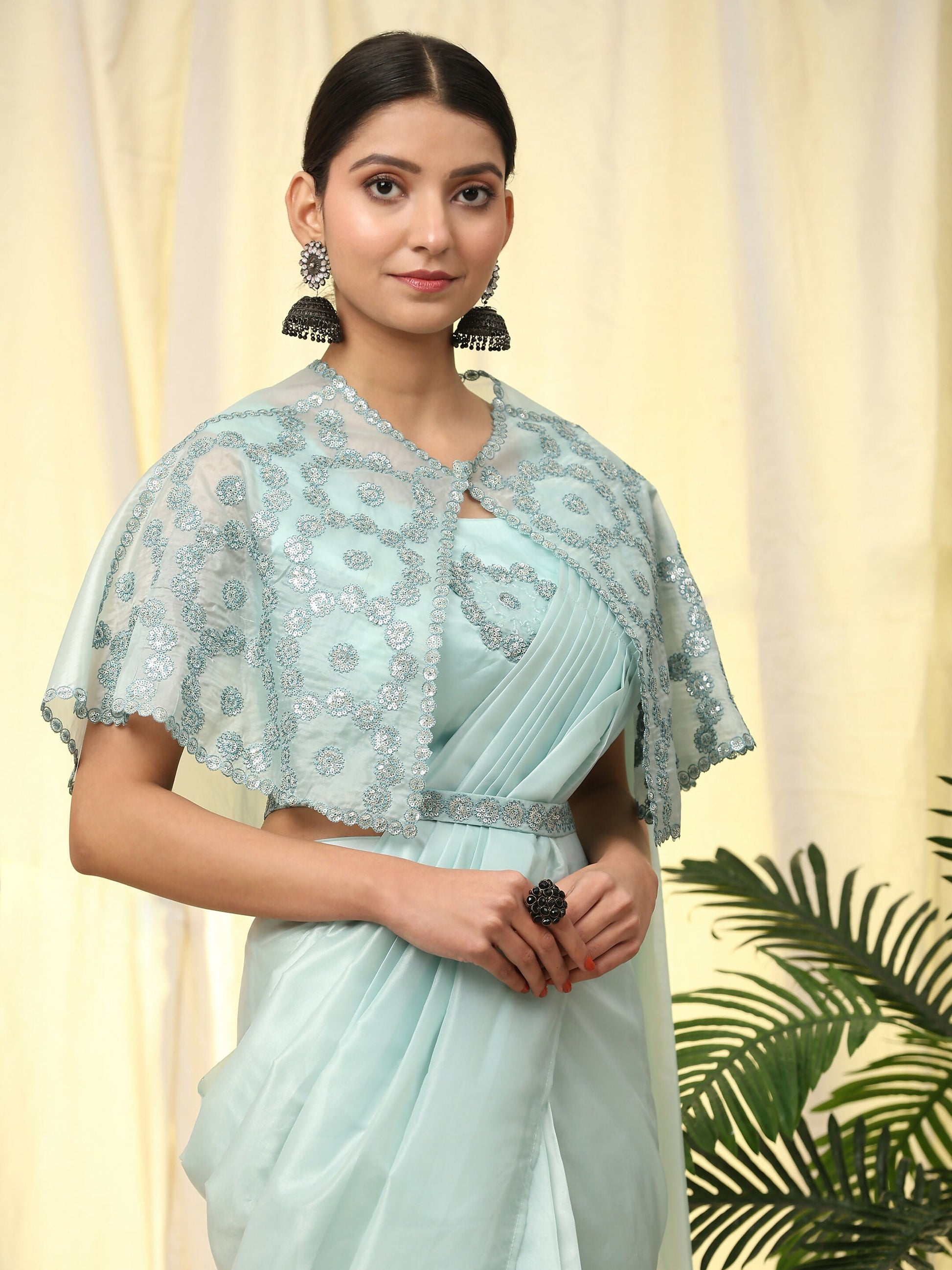 Blue Satin Solid Ready to wear Saree with stitched Blouse - Vanita | Swadesiicart