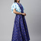 Ahalyaa Women Royal Blue Poly Silk Gold Paste Printed Dress | Swadesiicart