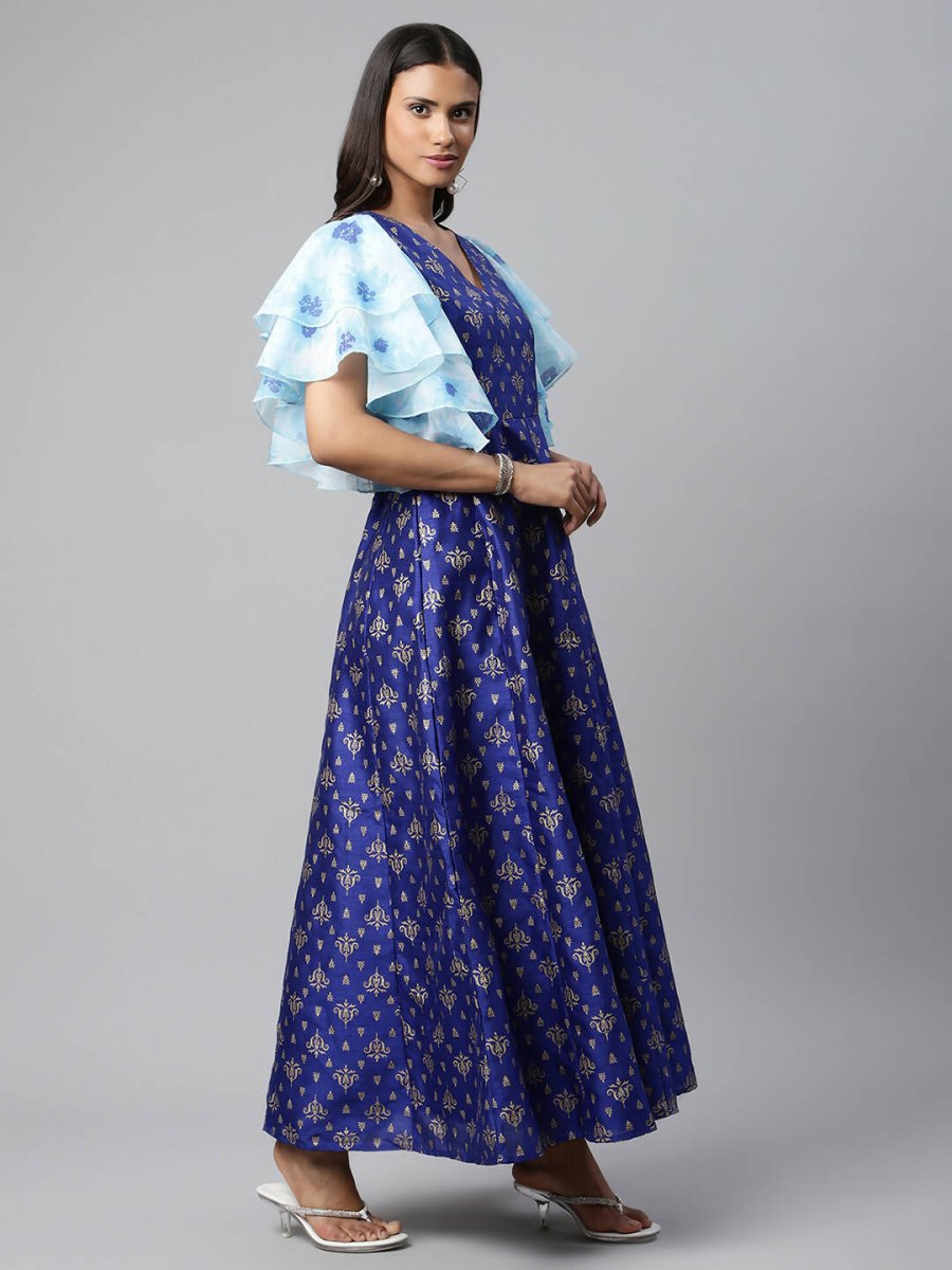 Ahalyaa Women Royal Blue Poly Silk Gold Paste Printed Dress | Swadesiicart
