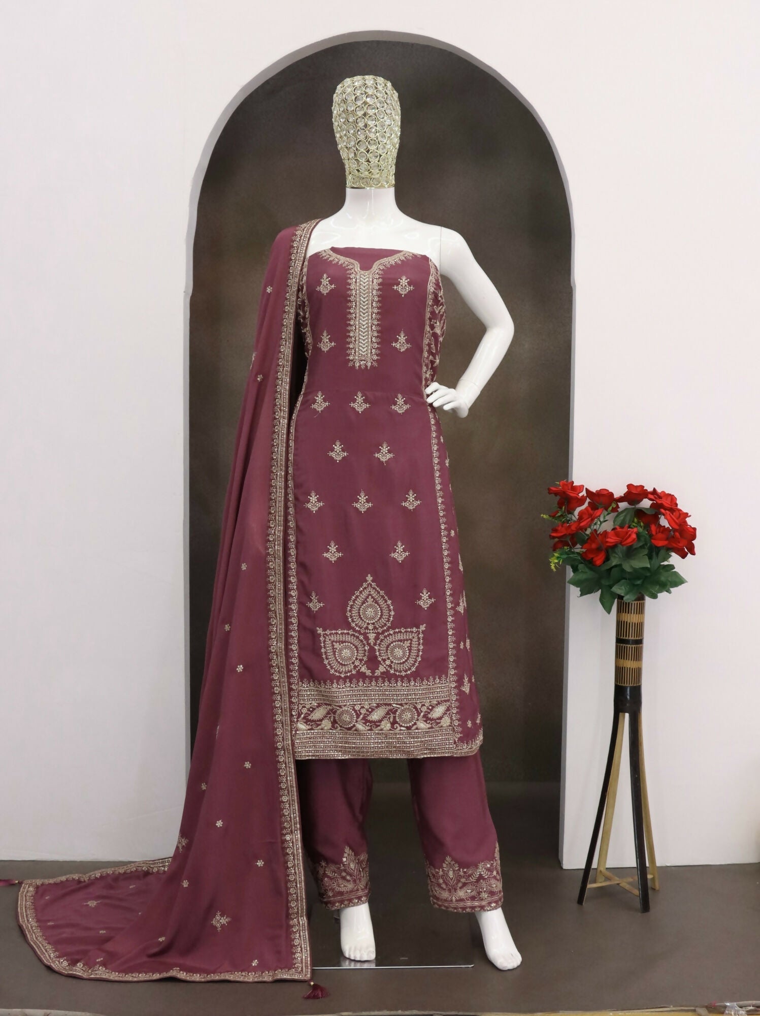 Anaita Purple Chinon Silk Stitched Suit with Embroidery & Sequence Work