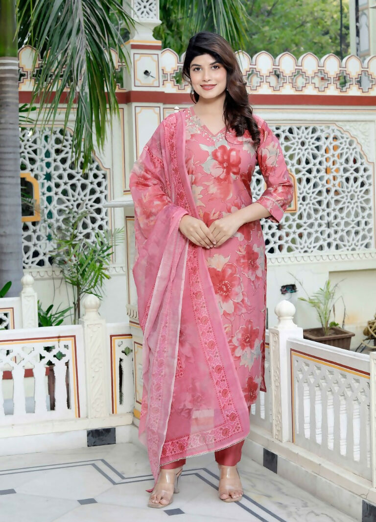 Miravan Women's Muslin Pink V-Neck Embroidered Kurta with Palazzo and Dupatta - Swadesiicart