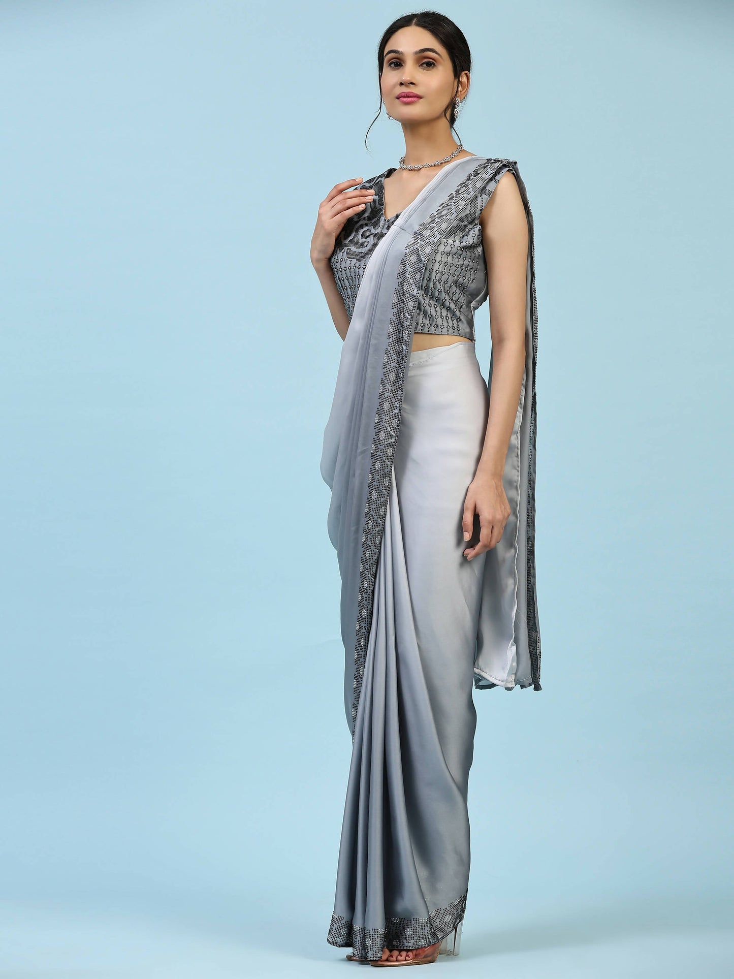 Grey Ombre Satin Georgette Plain Ready to wear Saree with stitched Blouse - Vrinda | Swadesiicart