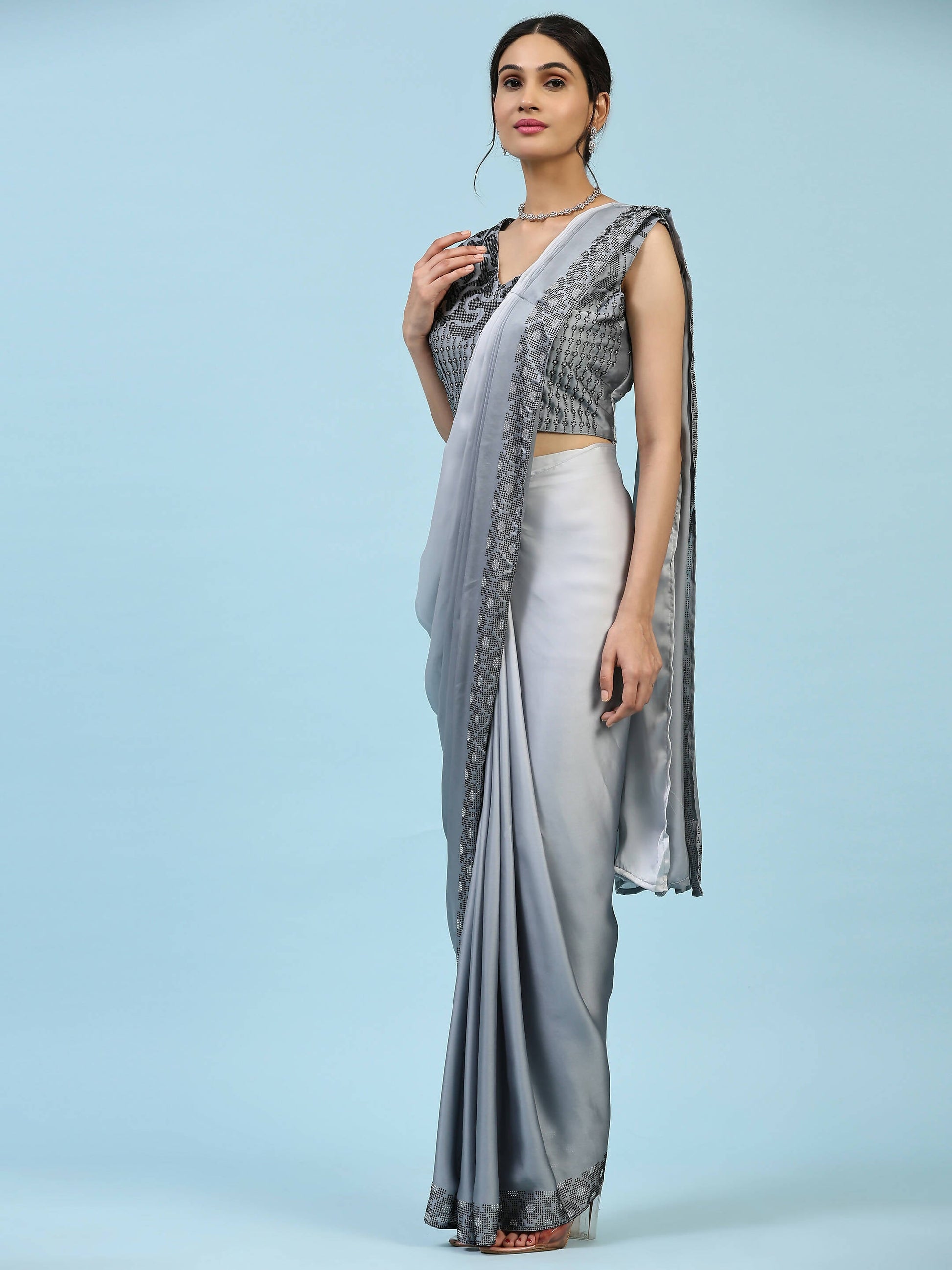 Grey Ombre Satin Georgette Plain Ready to wear Saree with stitched Blouse - Vrinda | Swadesiicart