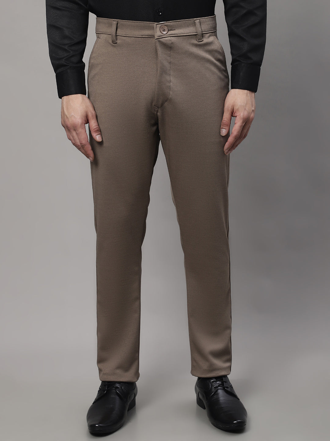 Jainish Men's Dark-Beige Tapered Fit Formal Trousers | Swadesiicart