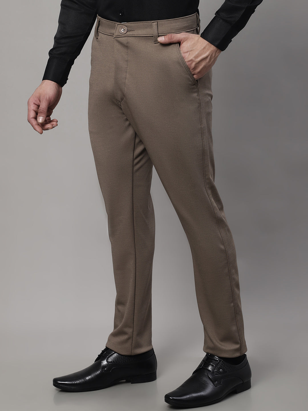 Jainish Men's Dark-Beige Tapered Fit Formal Trousers | Swadesiicart