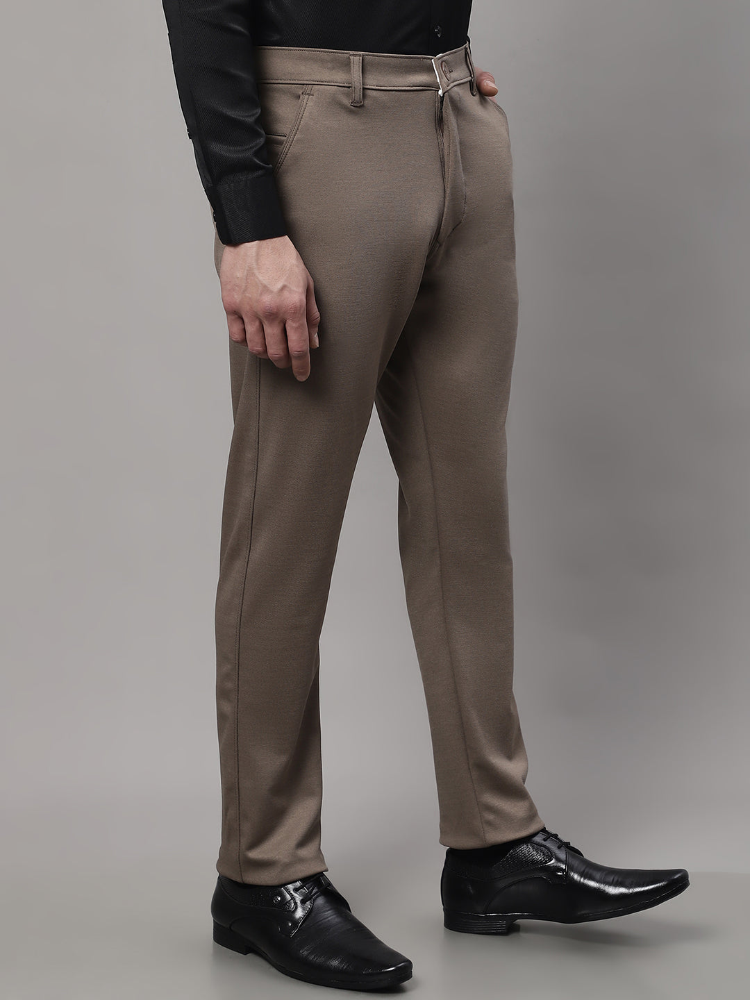 Jainish Men's Dark-Beige Tapered Fit Formal Trousers | Swadesiicart