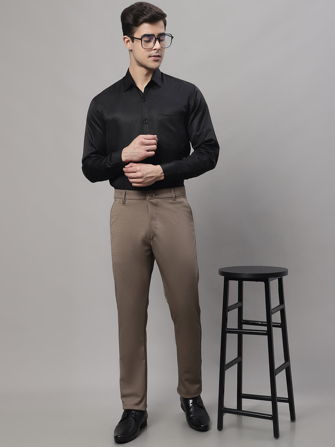 Jainish Men's Dark-Beige Tapered Fit Formal Trousers | Swadesiicart