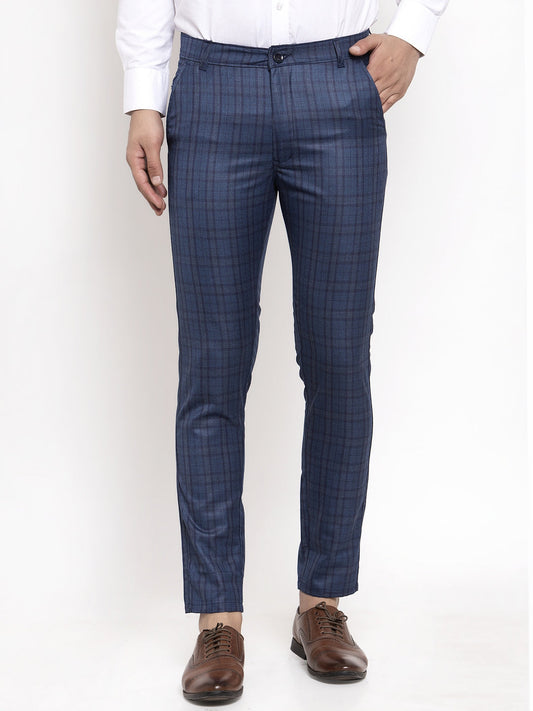 Jainish Men's Navy Cotton Checked Formal Trousers ( GP 259Navy-Blue ) | Swadesiicart