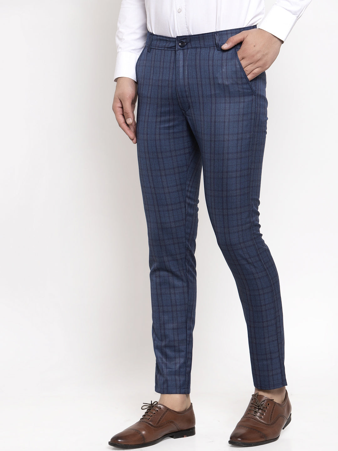 Jainish Men's Navy Cotton Checked Formal Trousers ( GP 259Navy-Blue ) | Swadesiicart