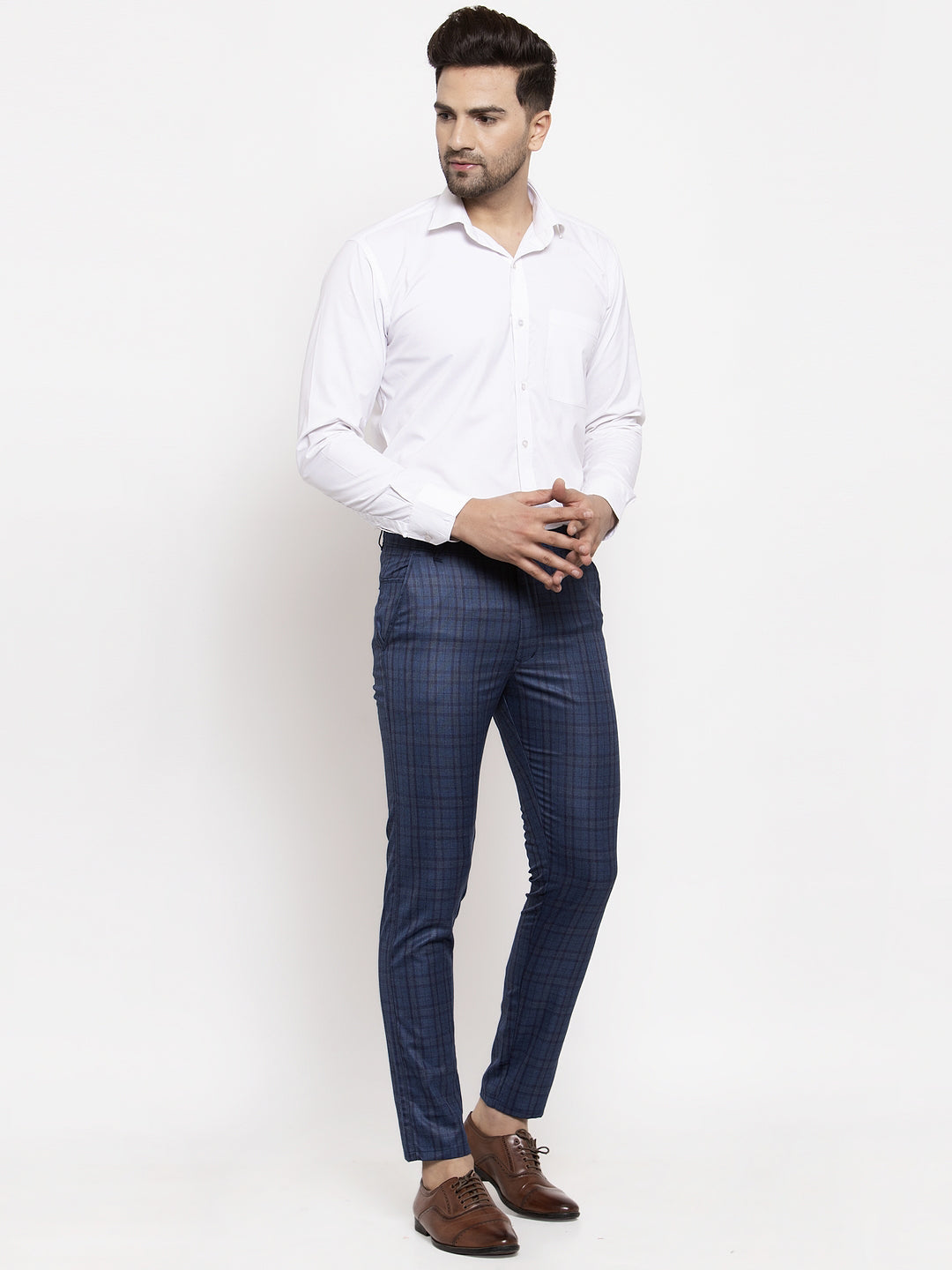 Jainish Men's Navy Cotton Checked Formal Trousers ( GP 259Navy-Blue ) | Swadesiicart