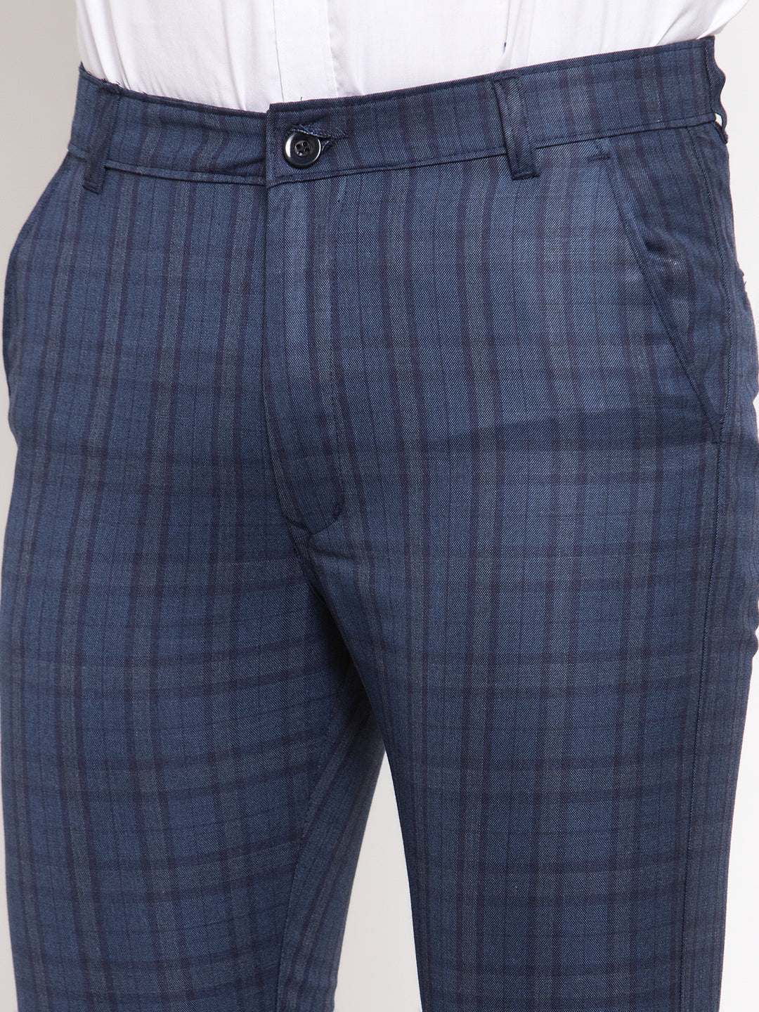 Jainish Men's Navy Cotton Checked Formal Trousers ( GP 259Navy-Blue ) | Swadesiicart