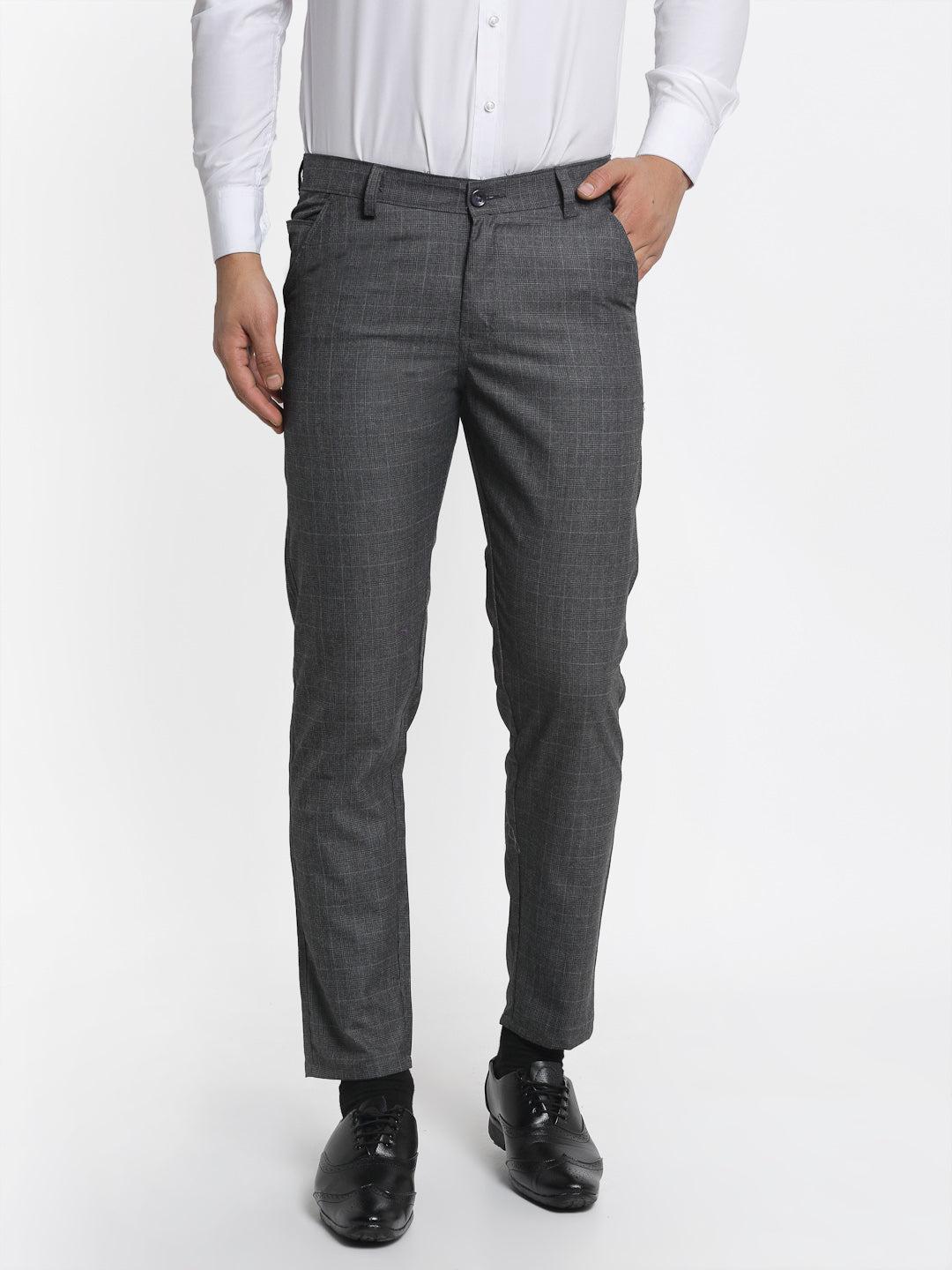 Jainish Men's Charcoal Checked Formal Trousers ( FGP 266Charcoal ) | Swadesiicart