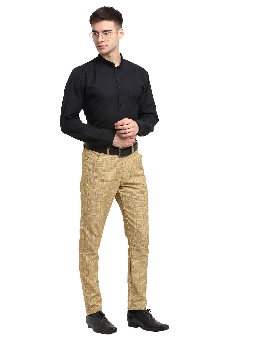 Jainish Men's Beige Cotton Checked Formal Trousers ( FGP 267Beige ) | Swadesiicart