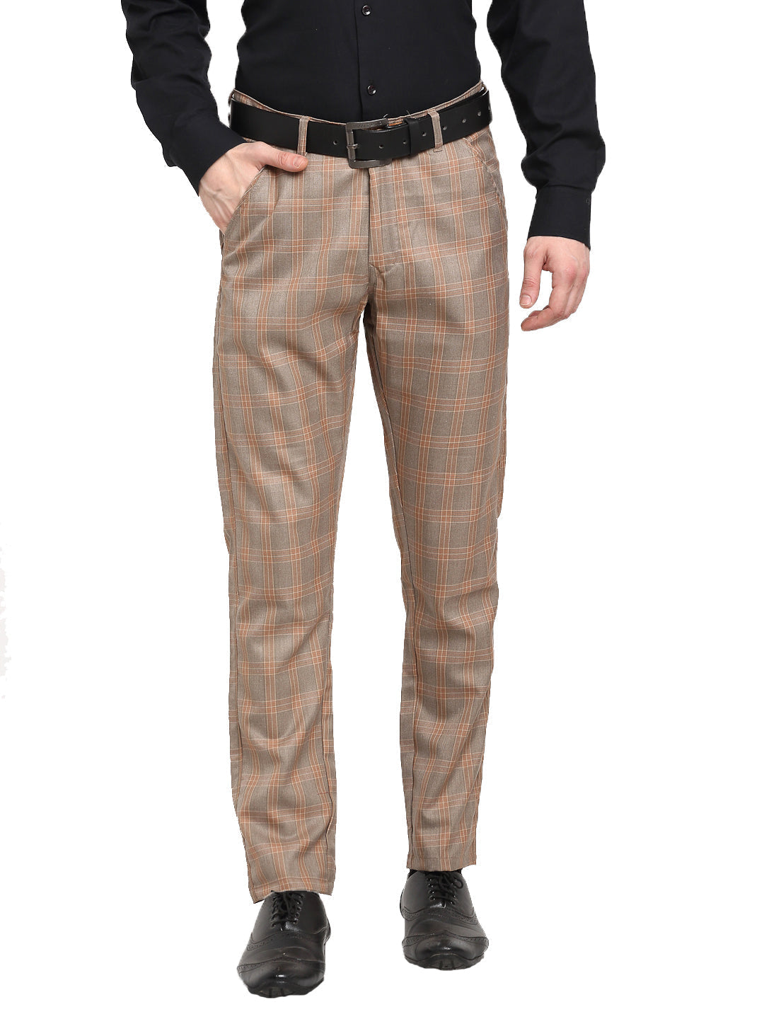 Jainish Men's Brown Cotton Checked Formal Trousers ( FGP 267Brown ) | Swadesiicart