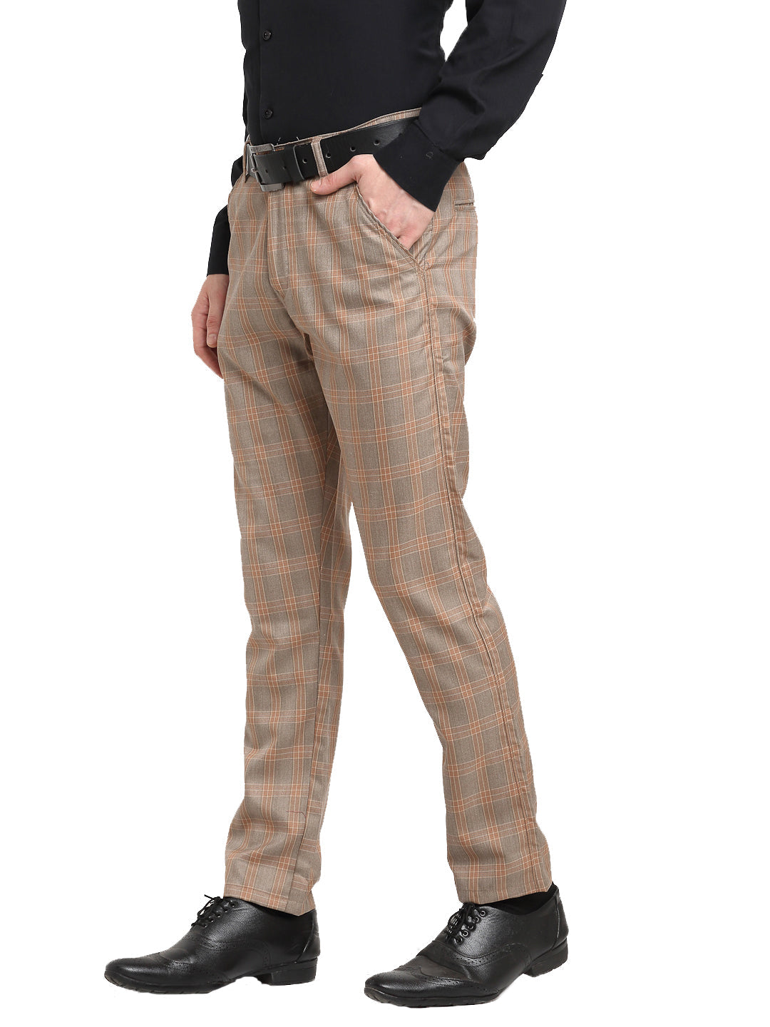Jainish Men's Brown Cotton Checked Formal Trousers ( FGP 267Brown ) | Swadesiicart