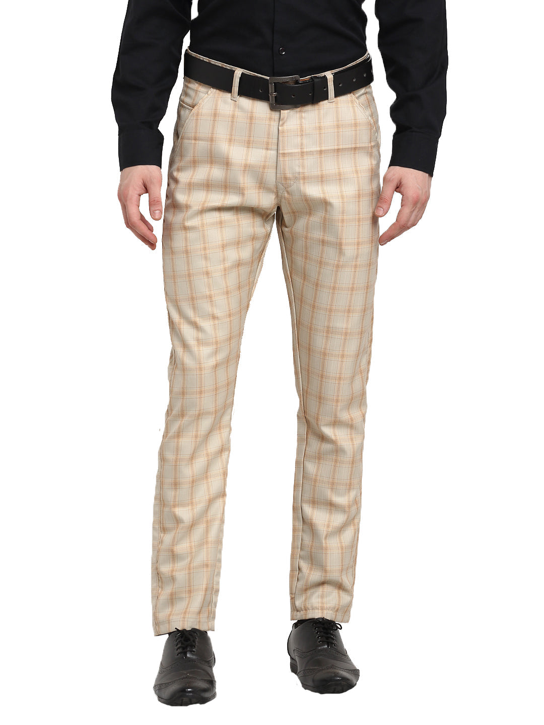 Jainish Men's Cream Cotton Checked Formal Trousers ( FGP 267Cream ) | Swadesiicart