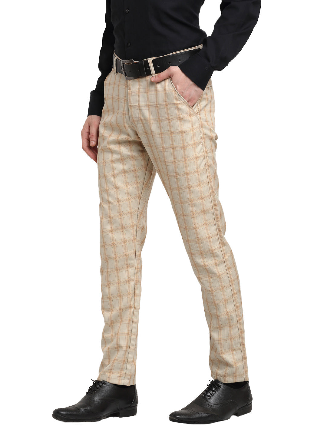 Jainish Men's Cream Cotton Checked Formal Trousers ( FGP 267Cream ) | Swadesiicart