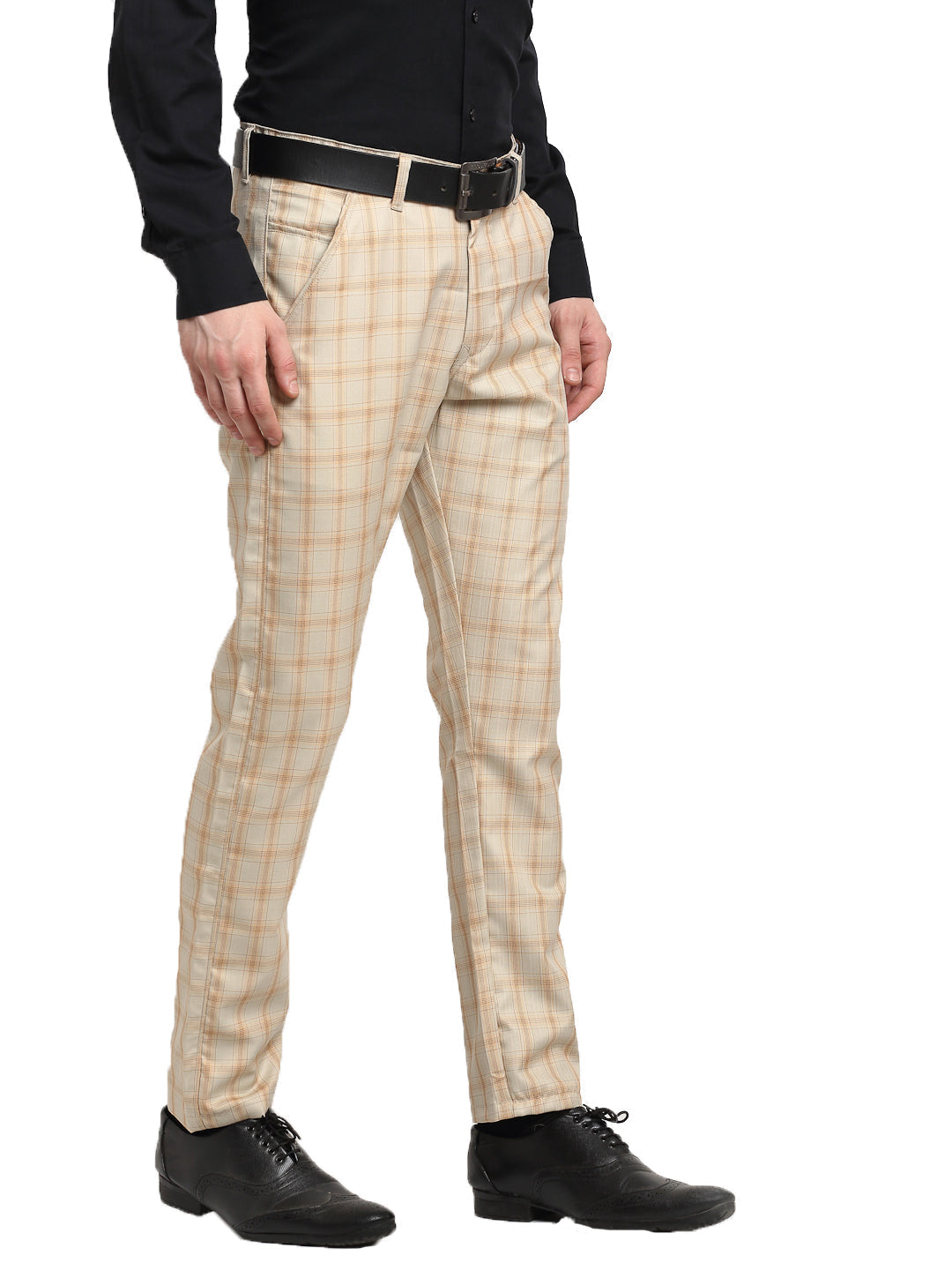 Jainish Men's Cream Cotton Checked Formal Trousers ( FGP 267Cream ) | Swadesiicart