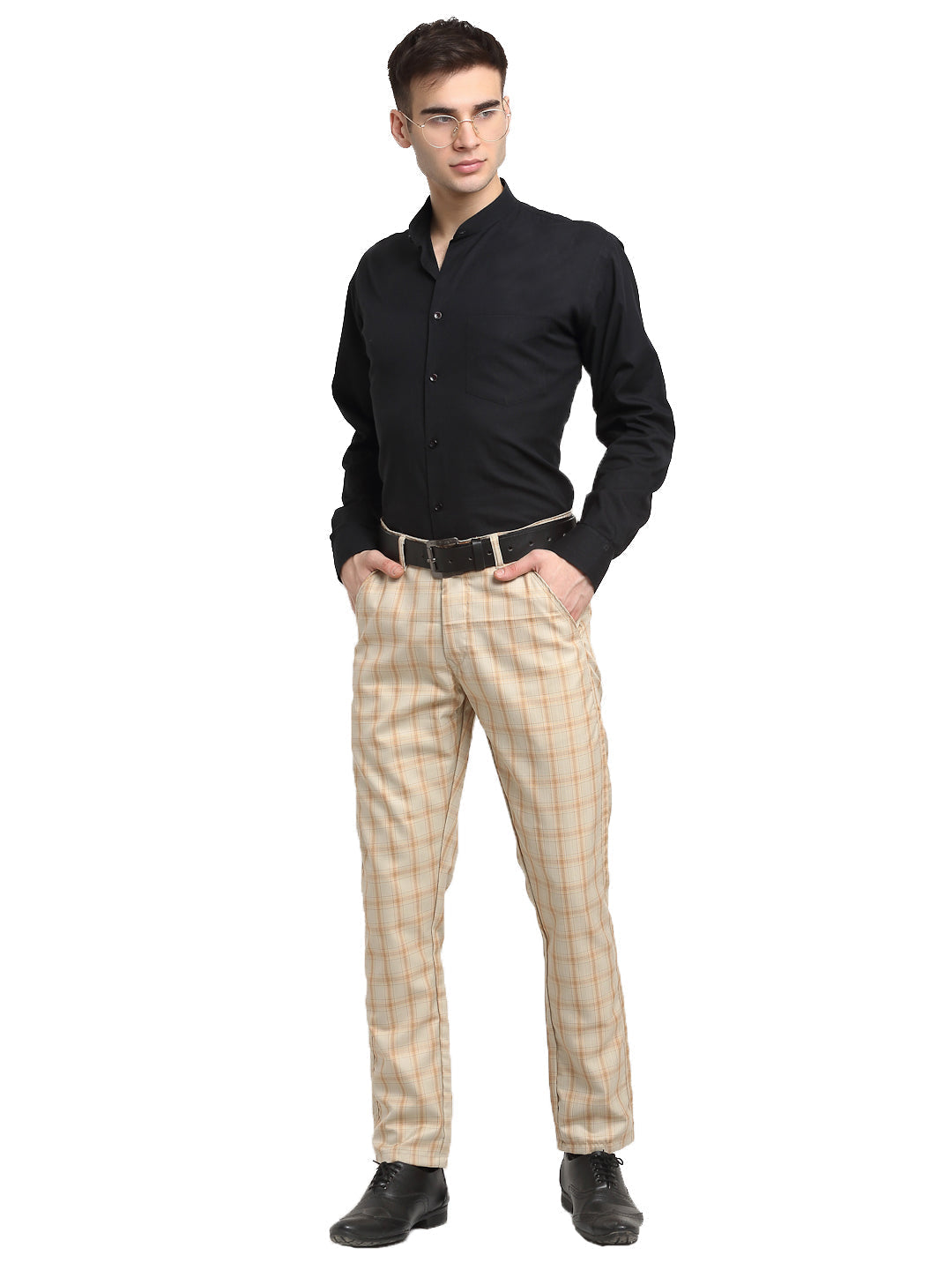 Jainish Men's Cream Cotton Checked Formal Trousers ( FGP 267Cream ) | Swadesiicart