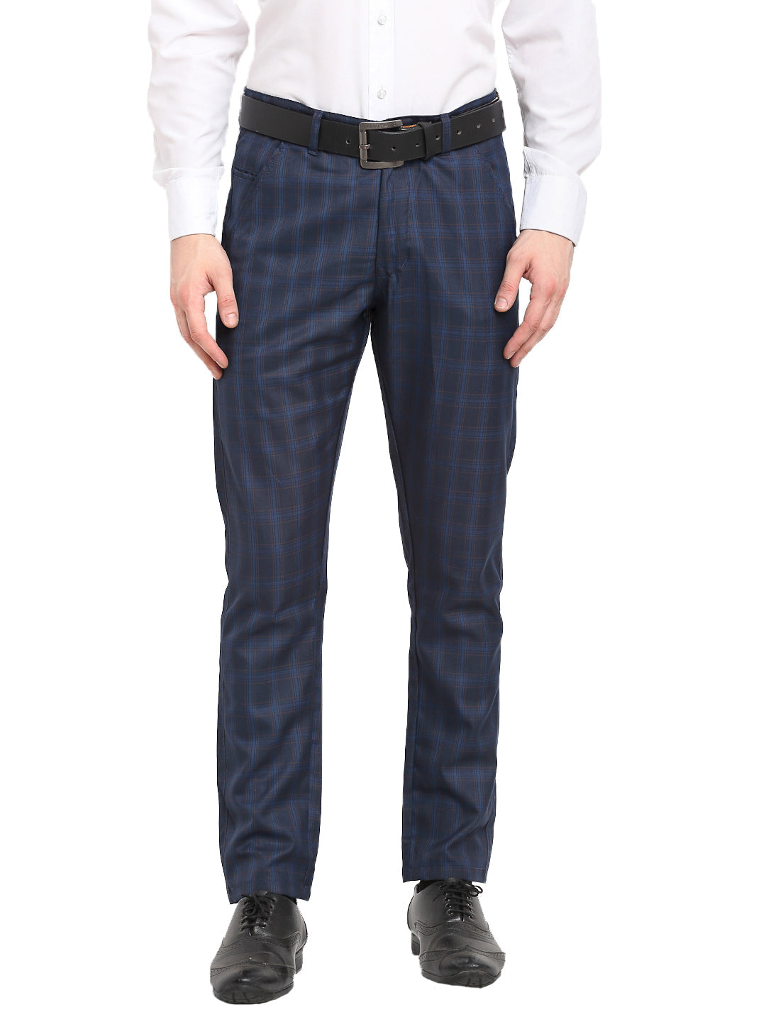 Jainish Men's Navy Blue Cotton Checked Formal Trousers ( FGP 267Navy ) | Swadesiicart