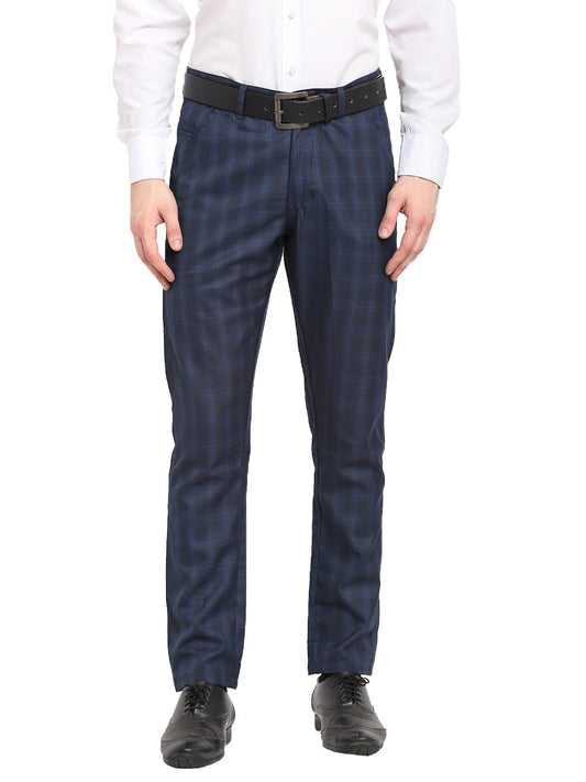 Jainish Men's Navy Blue Cotton Checked Formal Trousers ( FGP 267Navy ) | Swadesiicart