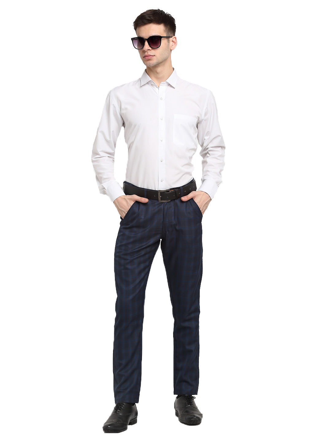 Jainish Men's Navy Blue Cotton Checked Formal Trousers ( FGP 267Navy ) | Swadesiicart