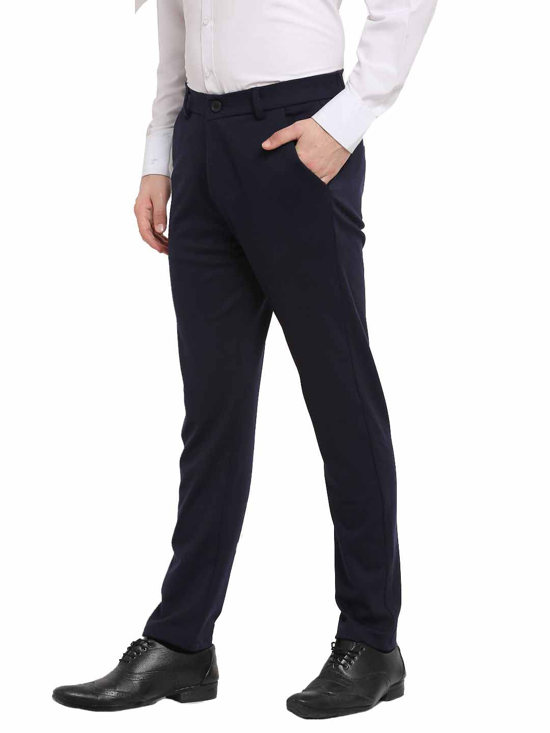Jainish Men's Navy Blue 4-Way Lycra Tapered Fit Trousers ( FGP 269Navy ) | Swadesiicart