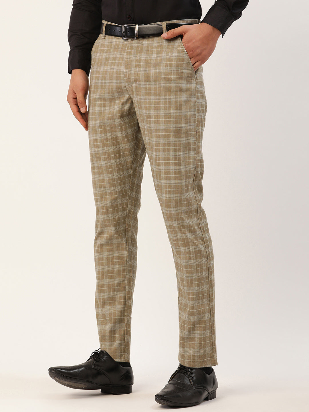 Jainish Men's Beige Tartan Checked Formal Trousers ( FGP 271 Beige ) | Swadesiicart