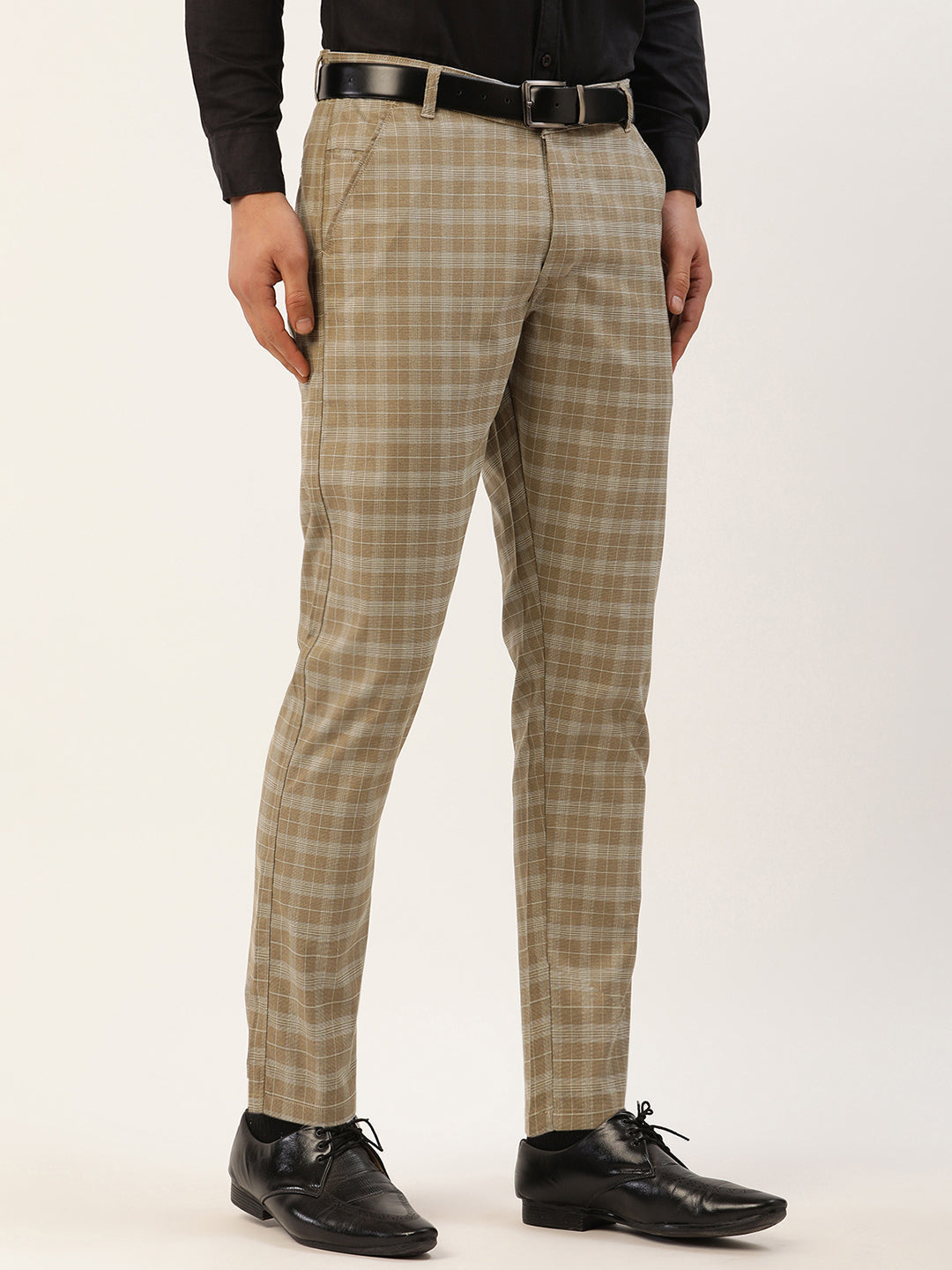 Jainish Men's Beige Tartan Checked Formal Trousers ( FGP 271 Beige ) | Swadesiicart
