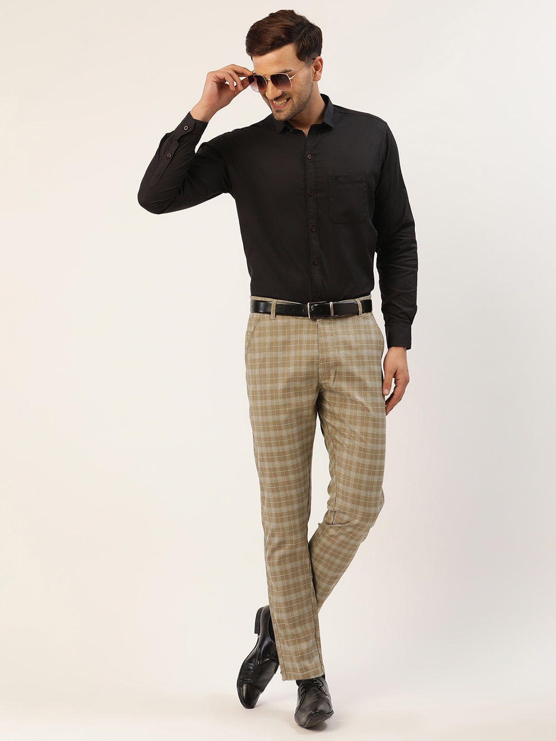 Jainish Men's Beige Tartan Checked Formal Trousers ( FGP 271 Beige ) | Swadesiicart