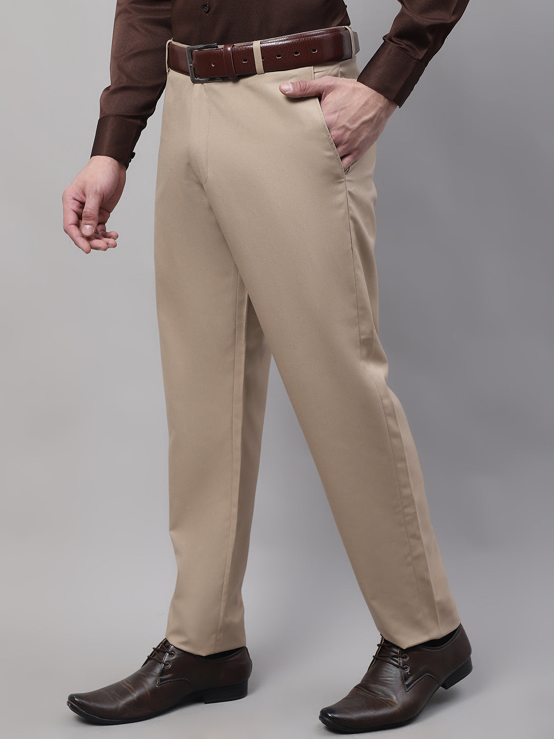 Jainish Men's Beige Tapered Fit Formal Trousers | Swadesiicart