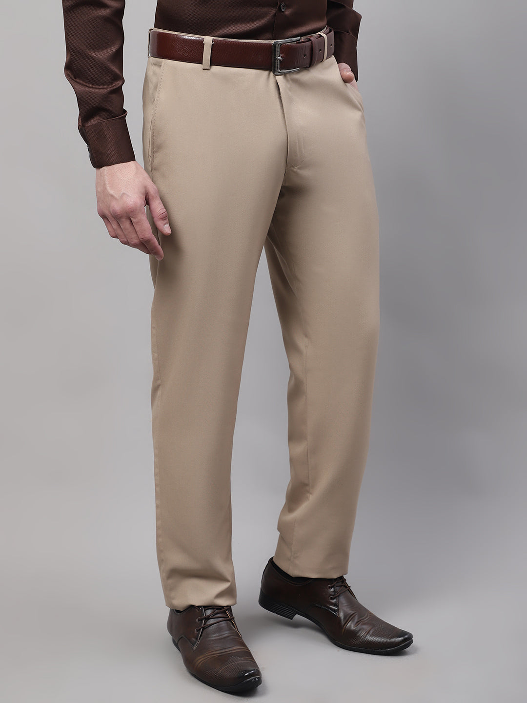 Jainish Men's Beige Tapered Fit Formal Trousers | Swadesiicart