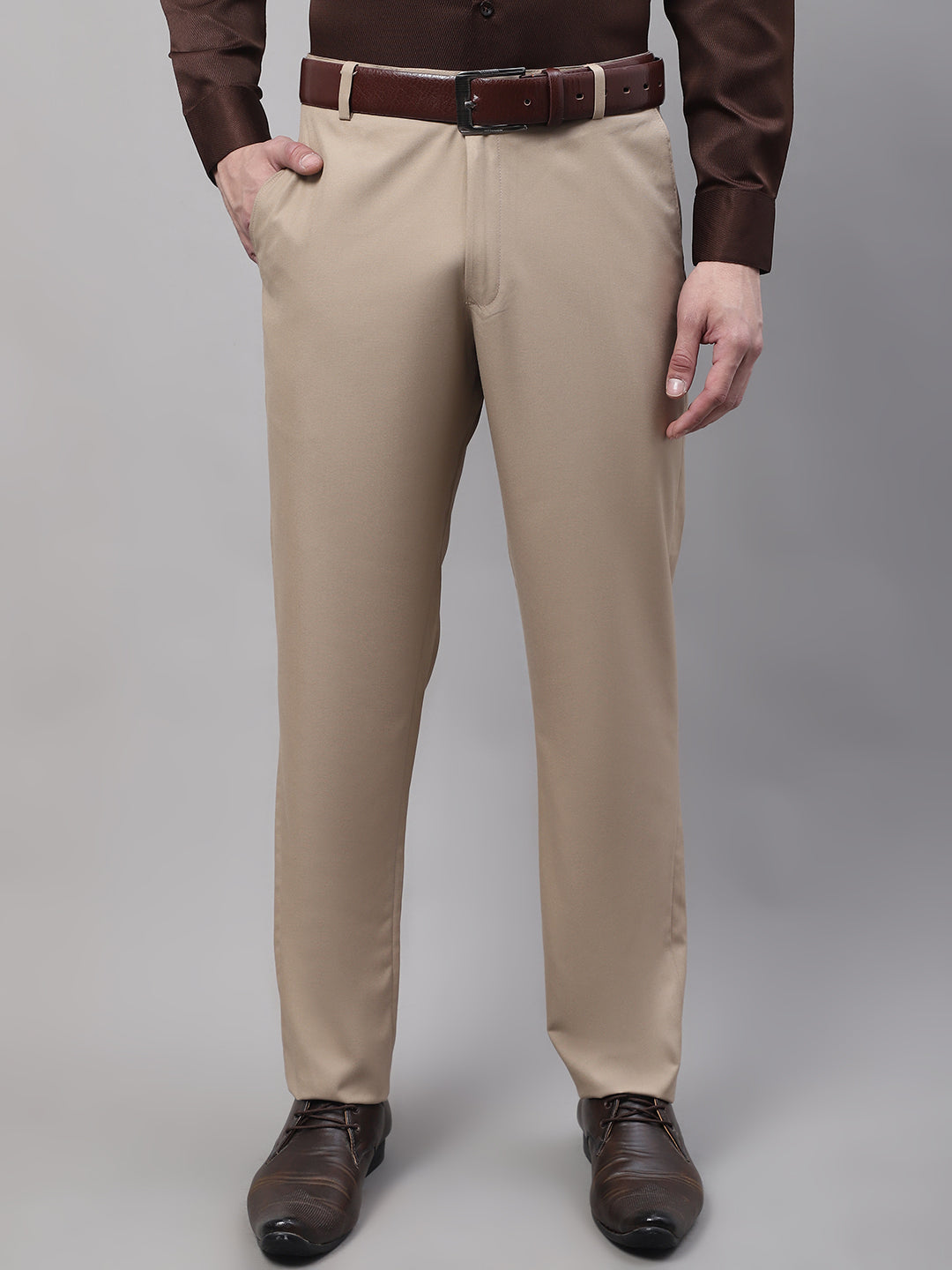 Jainish Men's Beige Tapered Fit Formal Trousers | Swadesiicart