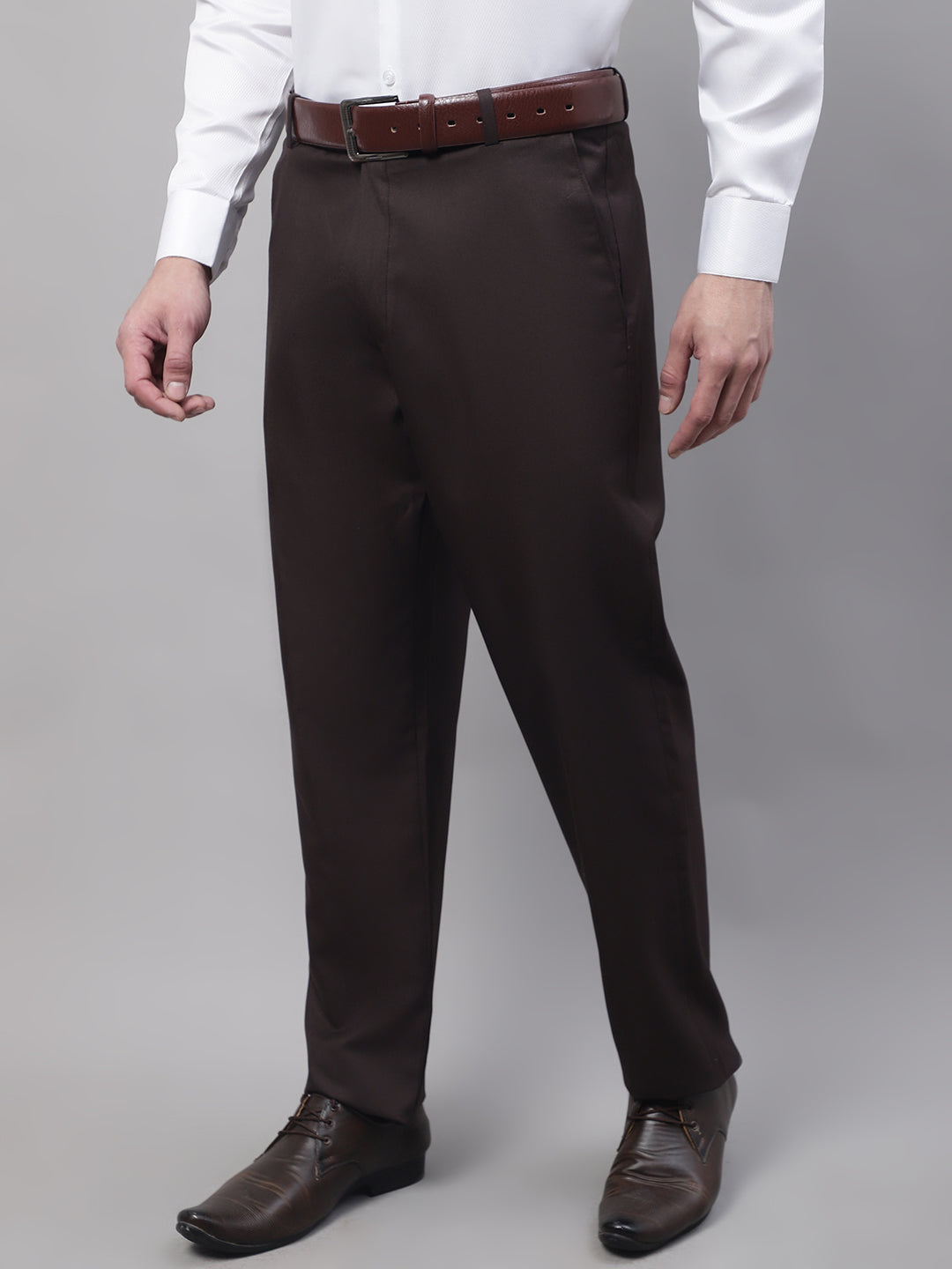Jainish Men's Coffee Tapered Fit Formal Trousers | Swadesiicart
