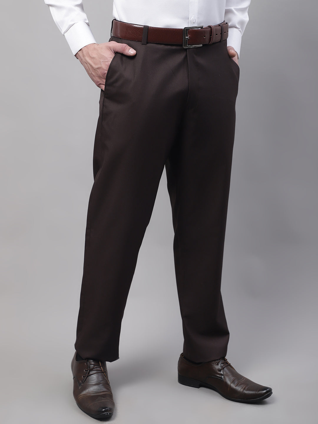 Jainish Men's Coffee Tapered Fit Formal Trousers | Swadesiicart