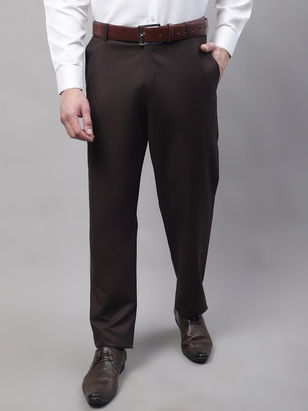 Jainish Men's Coffee Tapered Fit Formal Trousers | Swadesiicart