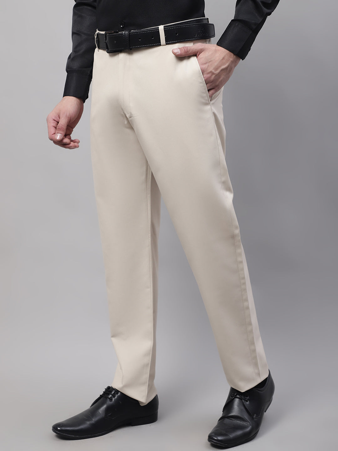 Jainish Men's Cream Tapered Fit Formal Trousers | Swadesiicart