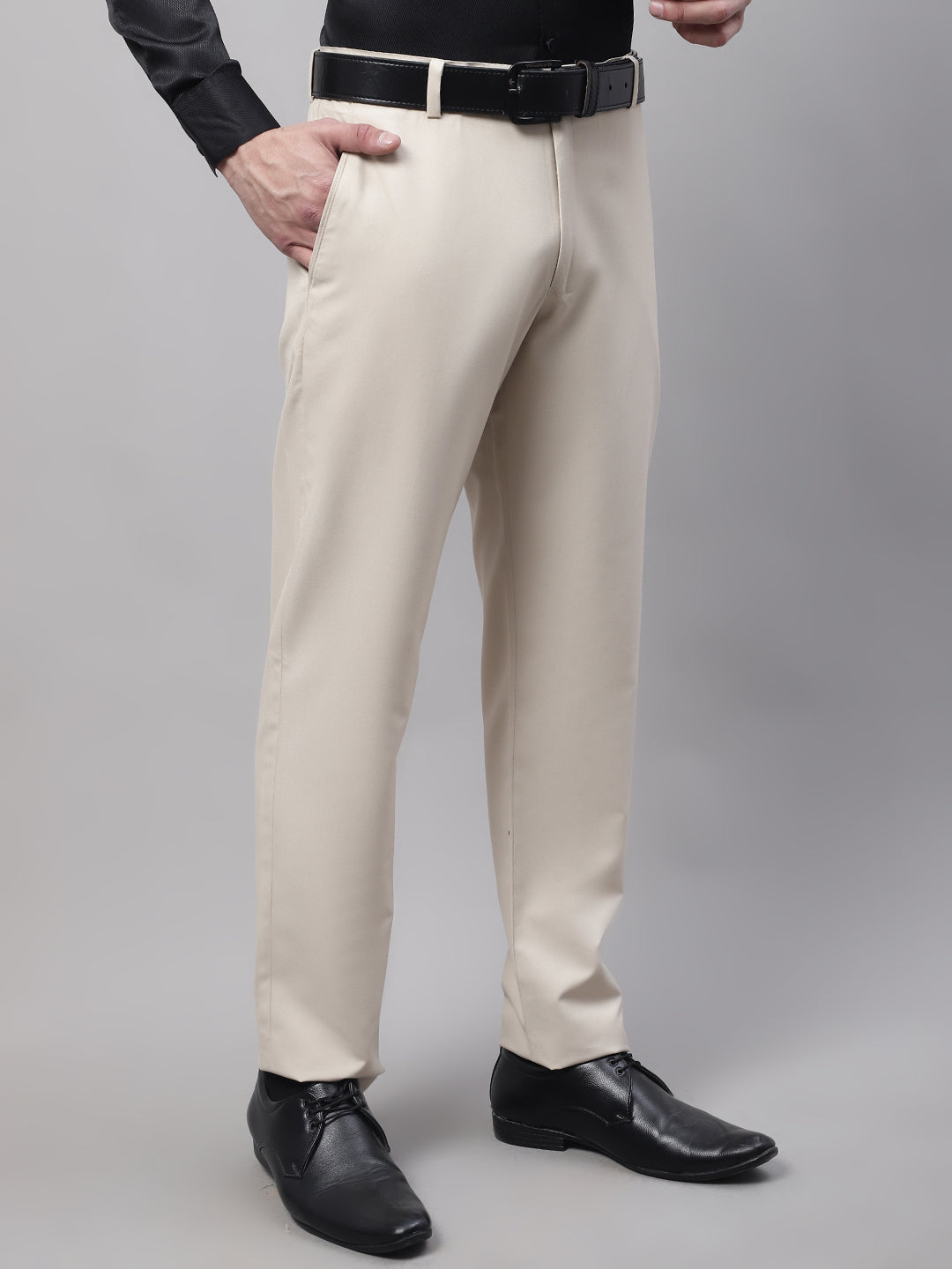 Jainish Men's Cream Tapered Fit Formal Trousers | Swadesiicart