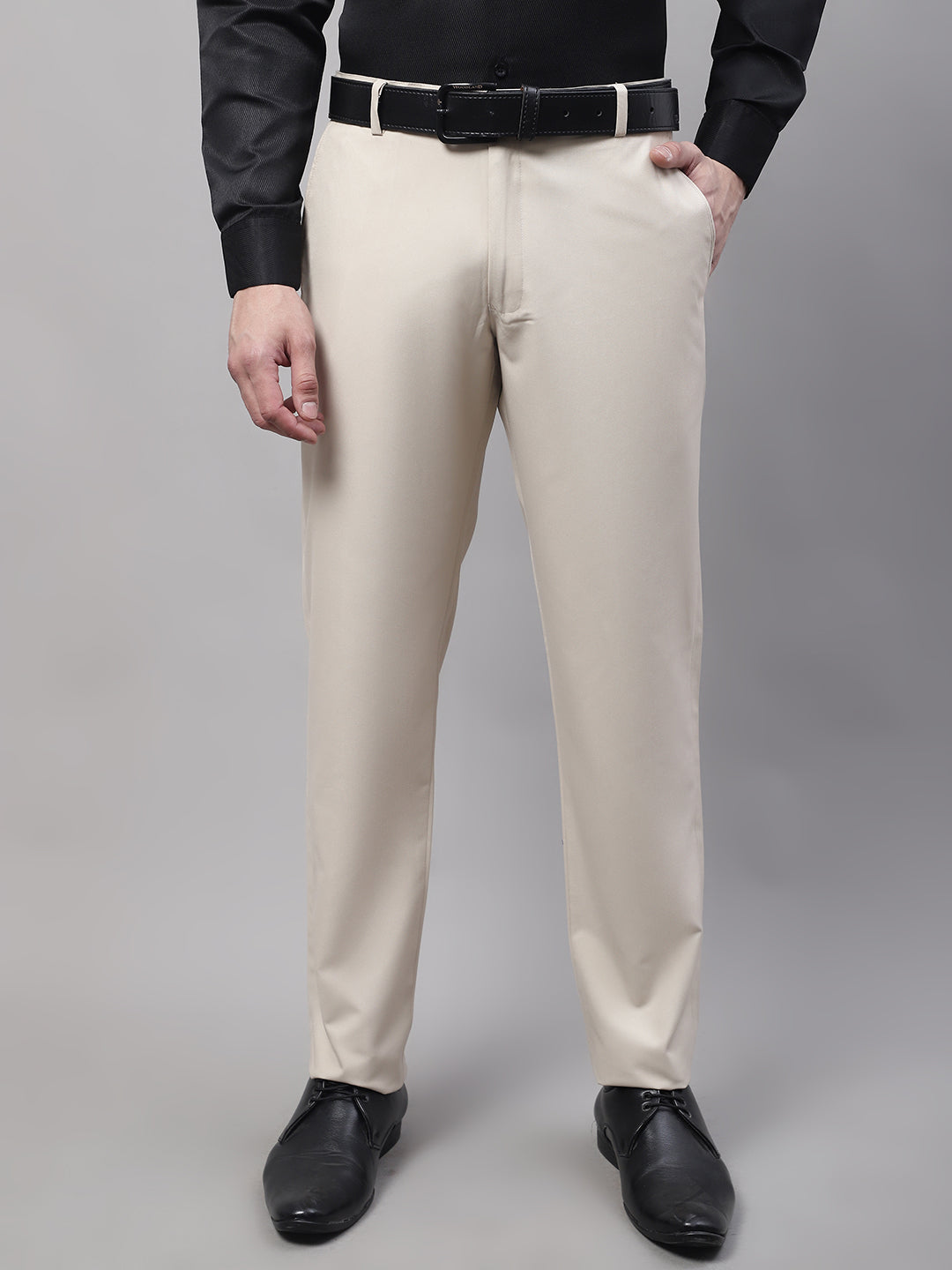 Jainish Men's Cream Tapered Fit Formal Trousers | Swadesiicart