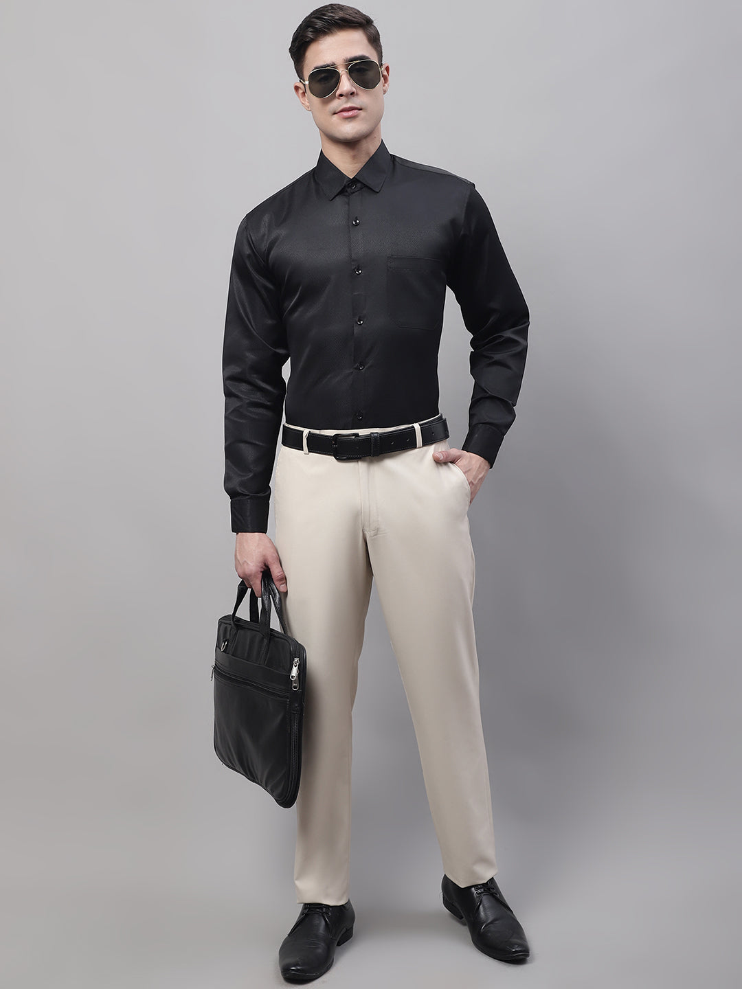 Jainish Men's Cream Tapered Fit Formal Trousers | Swadesiicart