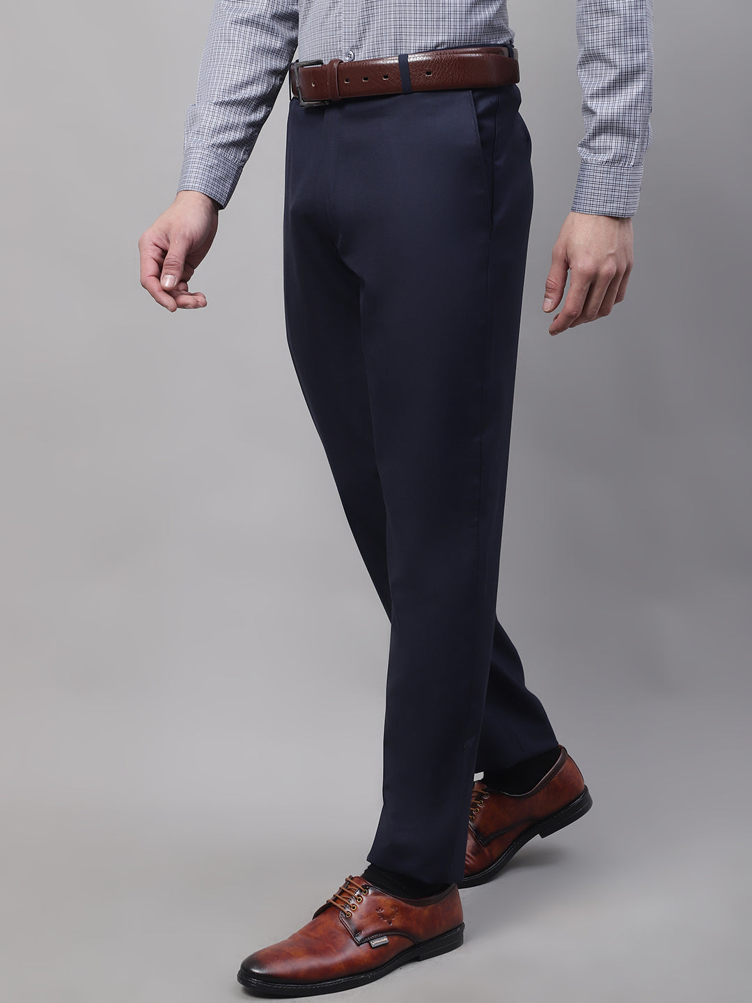 Jainish Men's Navy Tapered Fit Formal Trousers | Swadesiicart