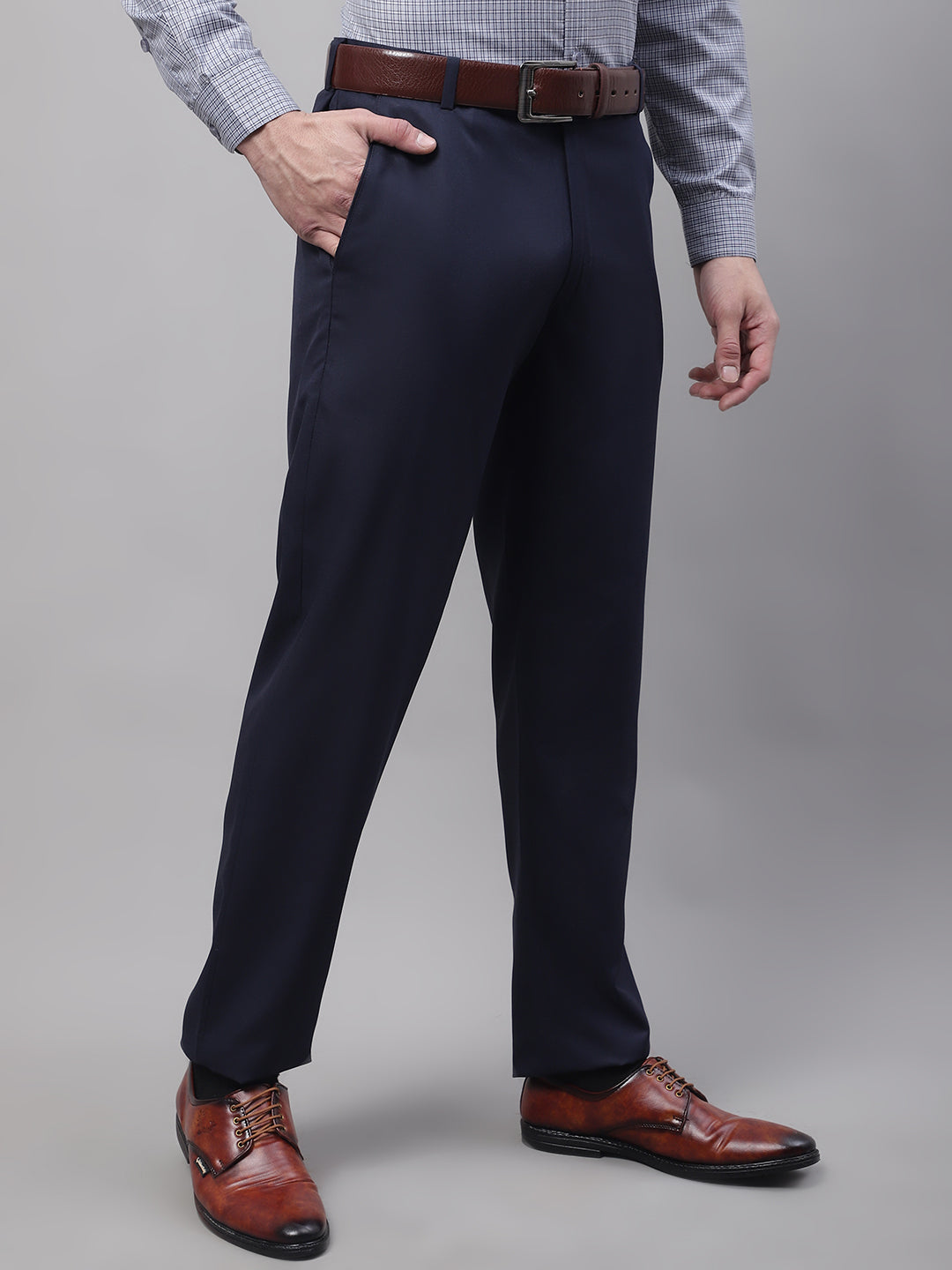 Jainish Men's Navy Tapered Fit Formal Trousers | Swadesiicart