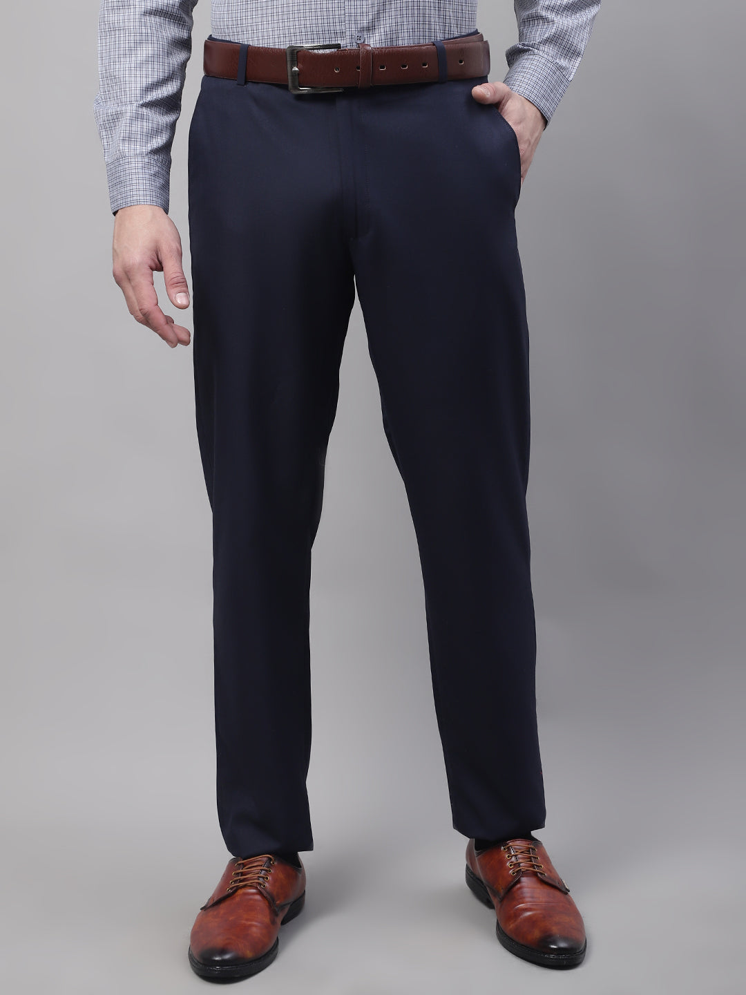 Jainish Men's Navy Tapered Fit Formal Trousers | Swadesiicart