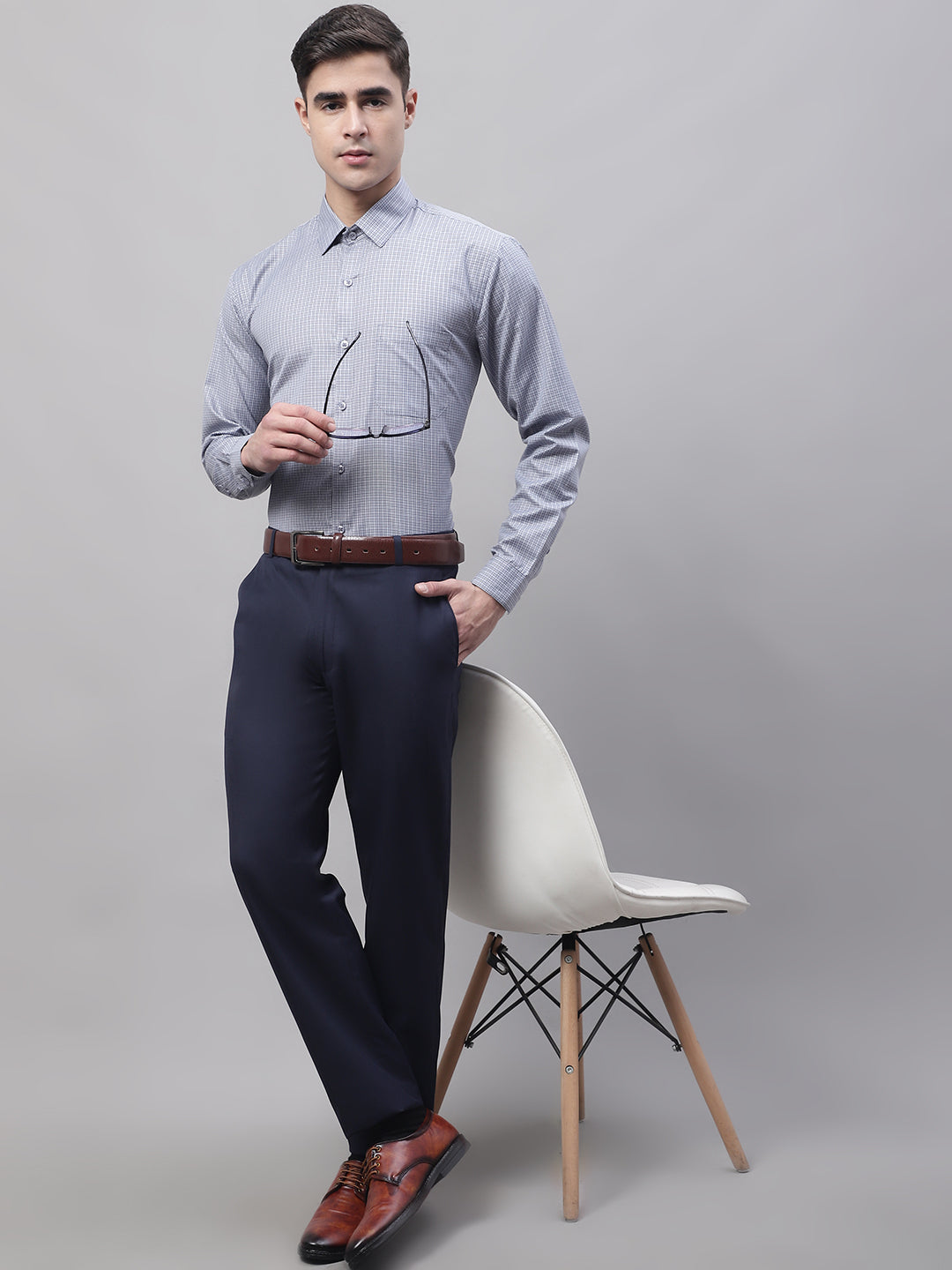 Jainish Men's Navy Tapered Fit Formal Trousers | Swadesiicart